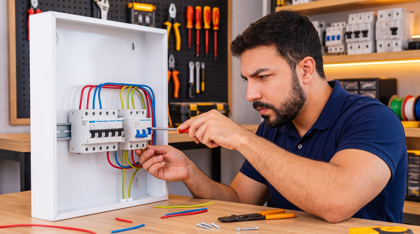 Instrutor montando um quadro de distribuição residencial